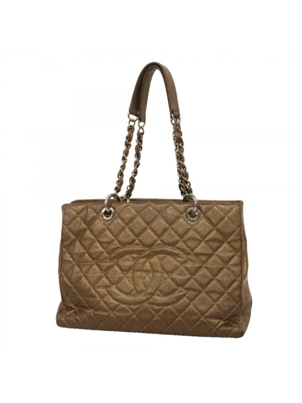 Chanel Chain Tote Quilted Caviar Leather Brown Silver